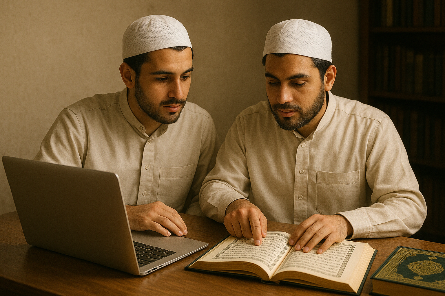 Two students studying together with laptop and books